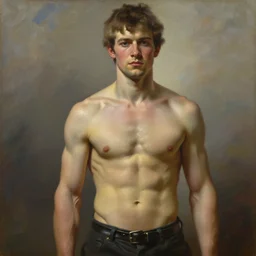 gigachad from 1800,  shirtless muscular man, oil on canvas artstation by J. C. Leyendecker and Edmund Blair Leighton and Charlie Bowater octane render