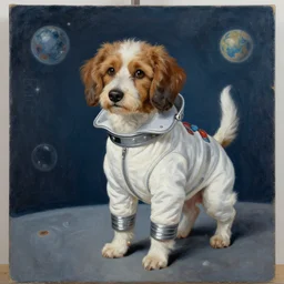 a beautiful painting, dog in a space suite, by william shakespeare, long shot