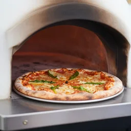 close - up of a pizza cooking in a wood fired pizza oven on a tropical beach, in the sunset, basil growing as palm trees, in the background little tomato characters are playing with mozzarella balls in the water, dusk, warm light, extremely detailed 3 d octane render, 4 k, 8 k