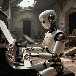 a robot plays the piano in the ruins, love death robot style