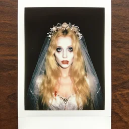 an instant photo of a beautiful but sinister ghost bride of frankenstein in layers of fear, with haunted eyes and wild blonde hair, 1 9 7 0 s, seventies, woodlands, delicate embellishments, a little blood, crimson, painterly, offset printing technique, mary jane ansell