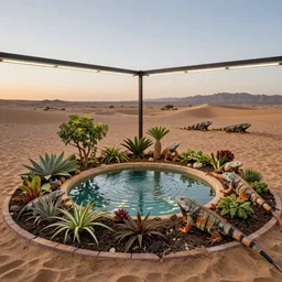 permaculture food forest, closed ecosystem, in the middle of the desert, with a miniature indoor lake, iguanas in the background, XF IQ4, 150MP, 50mm, F1.4, ISO 200, 1/160s, natural light at sunset with outdoor led strip lighting