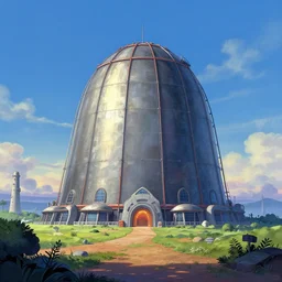 cartoon sci - fi nuclear containment building in a stunning landscape by marc davis, disney, storybook realism