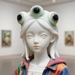 full head and shoulders, beautiful porcelain female person, mixed with three giant frog spawn eyes, smooth, delicate facial features, white detailed eyes, white lashes, 3 d white shiny thick, wearing colourful streetwear, background is an empty art gallery, by daniel arsham and james jean, featured in pictoplasma