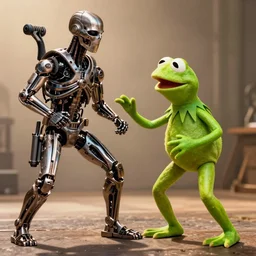 The Terminator fighting against Kermit the frog, full-length image, style film