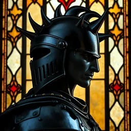 side - view portrait of an evil knight, black cranium helmet with spikes on top, stained glass window, very masterful