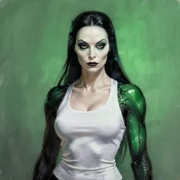 a dark haired female bodybuilder morticia addams in a white tank top. highly detailed portrait, digital painting, sharp focus illustration, artstation hq. intricate, elegant. art by wlop and tooth wu and greg rutkowski and alena aenami and beeple, medium shot, green iridescent