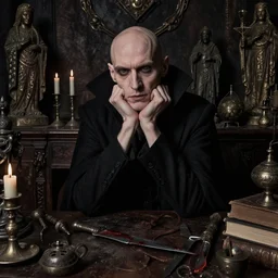 portrait f / 1. 4 of a thin neurotic forty two year old british man vampire feeling confidant in a cluttered room full of ancient artifacts ( ( ( bald ) ) ) dark dusty statues runes arcane instruments candlesticks drapery ritual bloody knife books atmospheric hdr