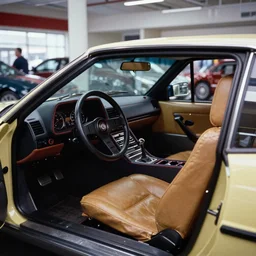 1979 Jeep BMW M1, inside of an auto dealership, ektachrome photograph, volumetric lighting, f8 aperture, cinematic Eastman 5384 film
