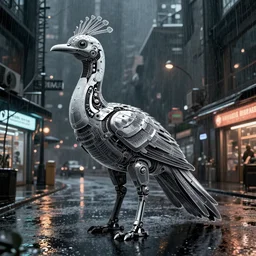 cybernetic cassowary!!, streets on a rainy night, viewed from the side, shopfronts, non - humanoid, bird, cyberpunk, post - apocalyptic, realistic, highly detailed, inspired by blade runner, masterpiece, dark, grim, trending on artstation, award winning, lineart, digital art, illustration