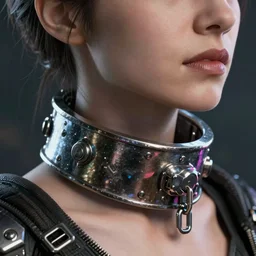 detailed realistic Argonian cyberpunk wearing thick steel collar around neck, realistic, art, beautiful, 4K, collar, choker, collar around neck, punk, artstation, detailed, female, woman, choker, cyberpunk, neon, punk, collar, choker, collar around neck, thick collar, tight around neck, punk,