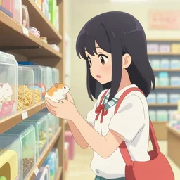anime anime girl at the pet store buying a hamster