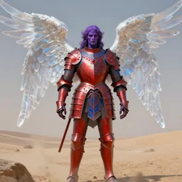 renaissance style painting of full plate armor of crimson metal with azure blue lining and ruby studded worn by harsh amethyst colour skinned angel with glowing glass wings, magic, enchanted, intricate, crystal, background desert, dusty, soft light, 8 k, artstation trending, masterwork