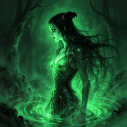 side profile, imogen poots, evil warrior, gloomhaven, luminescent, sickly pale green glow, haunting, evil inky swirly ripples, sickly fever - dream colors, by greg manchess, huang guangjian, gil elvgren, sachin teng, greg rutkowski, jesper ejsing, ilya kuvshinov