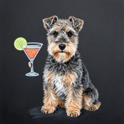 norwich terrier holding a cocktail, chalk art