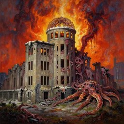 oil painting nightmare macerated epic tiered buildings and melted structures around destroyed atomic torn radioactive panulirus ornatus landscape, burning sky of primoridal slimes dropping into in terrifying yaw necrotized skins near ground zero hiroshima, cinematic, fine art, ornate masterpiece, hyper detailed by richard m powers
