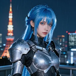 An hyperrealistic portrait painting of a cyber warrrior girl, blue and ice silver color armor, ultradetailed face expression by WLOP and Nixeu, cyberpunk color feel raining at tokyo midnight rooftop, unreal 5, DAZ, 8k, hyperrealistic, octane render, cosplay, RPG portrait, final fantasy artwork concept, dramatic lighting, rim lights, PS5 render quality