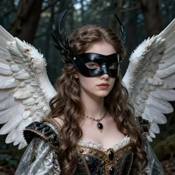 a masterpiece ultrarealistic ultradetailed portrait of incredibly beautiful angel princess with black leather mask. baroque renaissance girl in the night forest. medium shot, intricate, elegant, highly detailed. trending on artstation, digital art, by stanley artgerm lau, wlop, rossdraws, james jean, andrei riabovitchev, marc simonetti, yoshitaka amano. background by james jean, light by julie bell, porcelain skin.