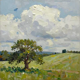 oil paint impasto relief of sussex summer hill, raining, foreground oak tree painted with thick heavy expressive paint and cumulus clouds, less thick expressive paint crudely pointillist in parts, some splattered paint