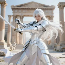 white hair knights of zodiac girl wearing matt white ice color armor, kenjutsu dueling in ruined agora of athens sunrise, ssci - fi and fantasy, intricate and very beautiful and elegant, highly detailed, digital painting, artstation, concept art, smooth and sharp focus, illustration, art by tian zi and wlop and alphonse mucha