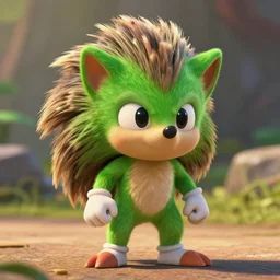 a adventurer green anthropomorphic hedgehog, cinematic shot,in the style of Pixar, shallow depth of focus