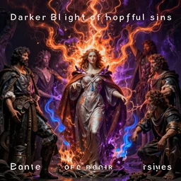 darker blight of hopeful sins by whelan, driben, massys, hubert robert, staples, william etty, brom, deharme, elvgren, beautiful, mythical, cloak, robe, highly detailed, hyperrealistic, intricate, energy, orange and purple electricity, blue flame, low light, high contrast, lifelike