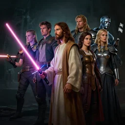 film camera : side profile portrait of jesus with a lightsaber by rob rey and lawren harris and artgerm, imogen poots as paladin, 5 4 k rtx hdr volume light concept studio matte painting digital illustration fanart artstation by thomas blackshear, sherree, ilya kuvshinov, magali villeneuve, jeremy lipkin, eve ventrue, christophe vacher