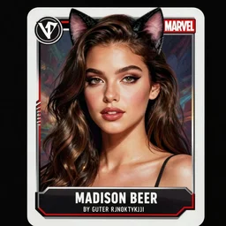 madison beer : : young woman : : as catgirlwoman by marvel trading card : : by greg rutkowski, wlop, instagram, unreal engine, : :