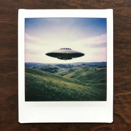 a color polaroid photo of a UFO hovering over green hills, realistic, 4k, trending, high quality, photo journalism, photography, cinematic, national geographic photoshoot