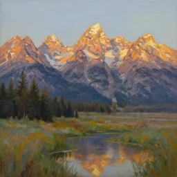 serenity at grand teton national park, oil on canvas artwork by joshua snow, nostalgic, golden hour