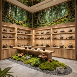 pacific northwest tea house, moss, reishi mushrooms, teapots, forest themes, beautiful elaborate interior design, modern teahouse design, j-tea international