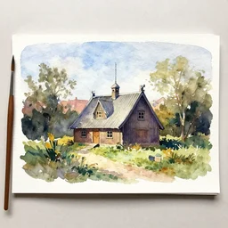 small centered on watercolor paper, paint brush strokes, abstract watercolor painting of ancient viking house in city park, daylight, blue sky, cinematic light, national romanticism by hans dahl, by jesper ejsing, by anders zorn, by greg rutkowski, by greg manchess, by tyler edlin