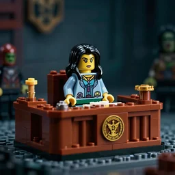 set of lego of she hulk attorney at law in court, dark horror, cinematic and dramatic lighting