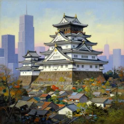 vincent di fate's 1 9 8 0 painting of a japanese castle overlooking a village. there are skyscrapers in the background. cyberpunk style.