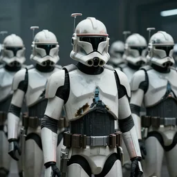 award-winning cinematic still of an army of human clones with their faces visible, highly-detailed, epic, cyberpunk style