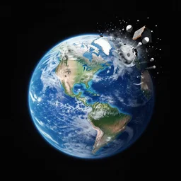 isometric photo of the Moon crashing into planet Earth