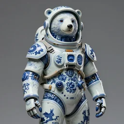 porcelain anthropomorphic bear cyborg space suit, chinese blue and white porcelain 1 4 th centry, diffuse lighting, fantasy, intricate, elegant, highly detailed, lifelike, photorealistic, digital painting, artstation, illustration, concept art, smooth, sharp focus, art by john collier and albert aublet, krenz cushart, artem demura, alphonse mucha