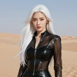 portrait of a woman wearing shiny black transparent leather suit in a desert, english face, refined features, moon goddess, long snow - white hair by jean gerome, edward hopper and james jean, hyper detail, 8 k, high resolution, ultra detailed