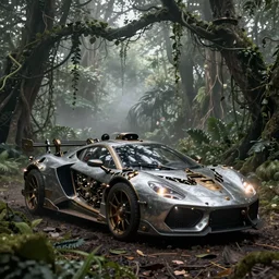 magnificent mechanical steampunk vehicle shaped like a sports car with (((glowing))) lights abandoned in lush forest with vines hanging from tree branches, fog, desaturated, beautiful, creepy ambiance, 4k, sharp focus, highly detailed, artgerm, giger
