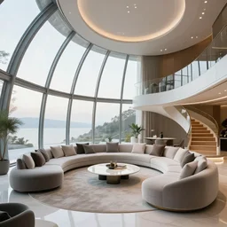 A futuristic living room in a glass dome with floor to ceiling glass windows on the left and curved wooden stairs going upstairs on the right, Luxury huge U shape sofa with a white marble table in the center of the living room, professional interior design photograph, wide angle photograph, 8k resolution, hyper detailed