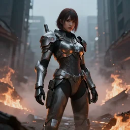 beautiful android girl in full battle gear in a destroyed city, surrounded by fire, ground fog, moody lighting, 8 k, shallow depth of field, cinematic lighting,