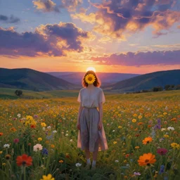girl with a flower face, surreal photography, standing in flower field, in a valley, sunrise dramatic light, impressionistic painting, colorful clouds, artstation, dali, simon stalenhag