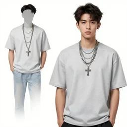 a character model sheet of a handsome, masculine, young male college student wearing excessive jewelry in a tasteful way