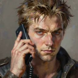 kratos talking on his cell phone, close up, rim lighting, portrait. highly detailed painting by greg rutkowski, anime style