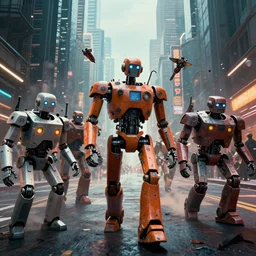 A riot of robots on the streets of dystopian megalopolis, digital art, photo-realistic, dramatic colors, 4k