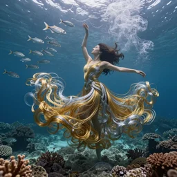 woman dancing underwater wearing a long flowing dress made of many layers of gold and silver wire, coral sea bottom, swirling schools of silver fish, swirling smoke shapes, octane render, caustics lighting from above, cinematic, hyperdetailed