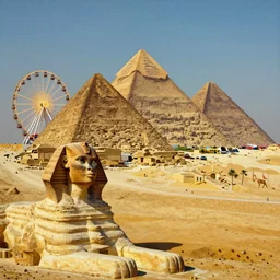 a theme park located in old egypt, pyramids and the sphynx are visible. in the background, ferris wheel, lights, carnival, oil painting by salvador dali