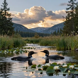 photorealistic image of two loons floating in a peaceful stream with water plants and lilies in the foreground framed by trees while sunlit cumulonimbus clouds approach over background mountains sparse with vegetation at sunset, very detailed