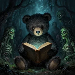 a teddy bear reading a book surrounded by lovecraftian horrors, highly detailed, gloomy, digital painting, trending on artstation, concept art, sharp focus, illustration, art by alphonse mucha and kaethe butcher and krenz cushart, black and blue and green color scheme