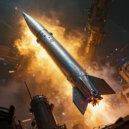 closeup of a highly futuristic technical missile being launched from huge platform, explosion, sparks, cyberpunk, moody, luminescent, rule of thirds, golden ratio, ambient lighting, syd mead, greg rutkowski, wlop, artgerm, artstation, highly detailed masterpiece